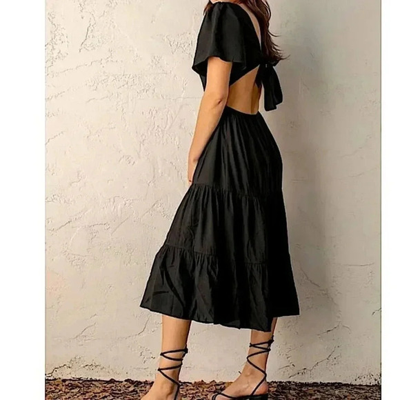 Lulu’s Midi Dress Tiered Tie Back Cut Out Cocktail Casual Wedding Party Like New - Picture 3 of 14